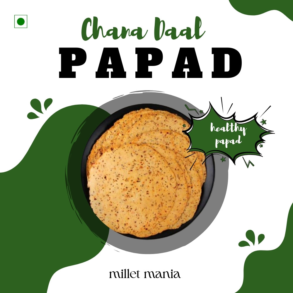 Papad in a bowl with green decorative elements and text on a white background