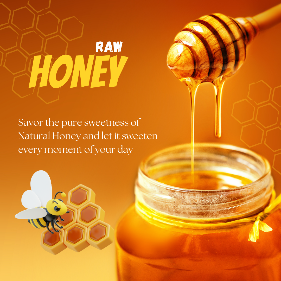 Honey dipper drizzling honey into a jar with a bee and honeycomb illustration on an orange background.