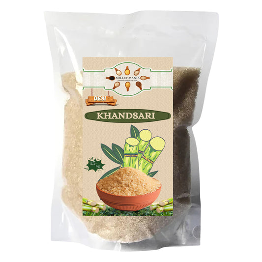 Packaged product with a label indicating 'Khandsari' on a white background