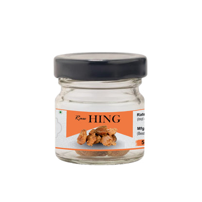 Jar of 'Raw Hing' spice with an orange label on a white background