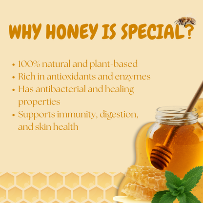 Promotional graphic about the special qualities of honey with a jar, honeycomb, and honey dipper on a beige background.
