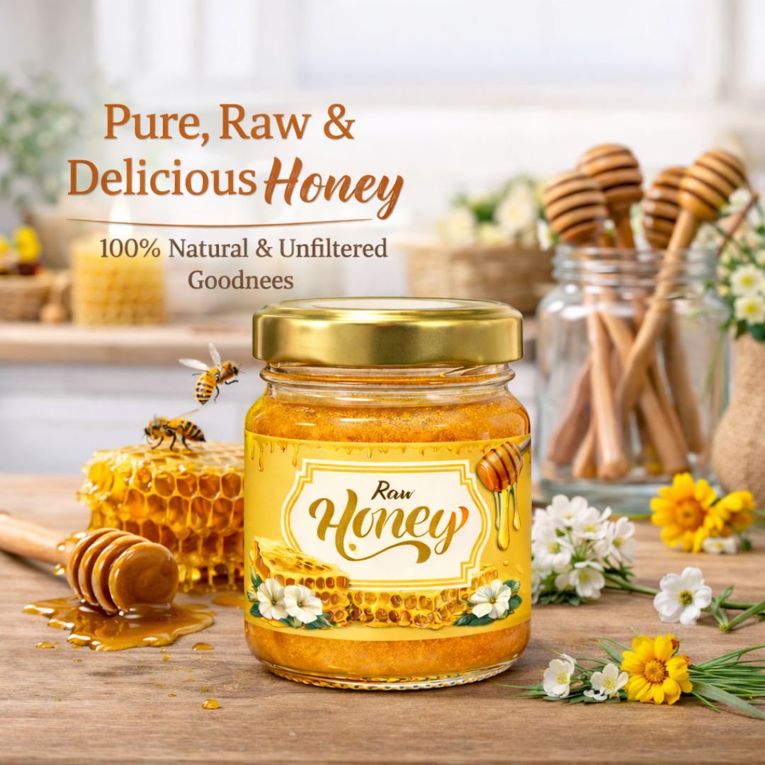 Jar of honey with a label on a wooden table, surrounded by honeycomb and flowers.
