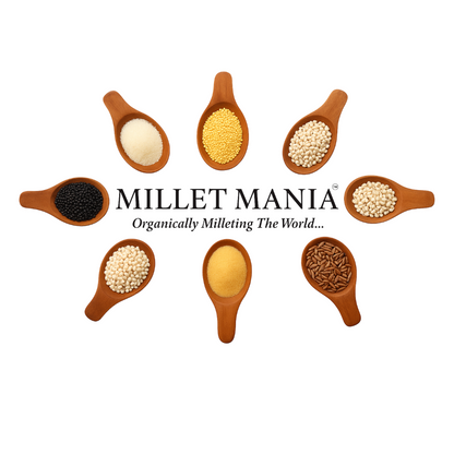Wooden spoons with various types of millets and 'Millet Mania' logo on a white background