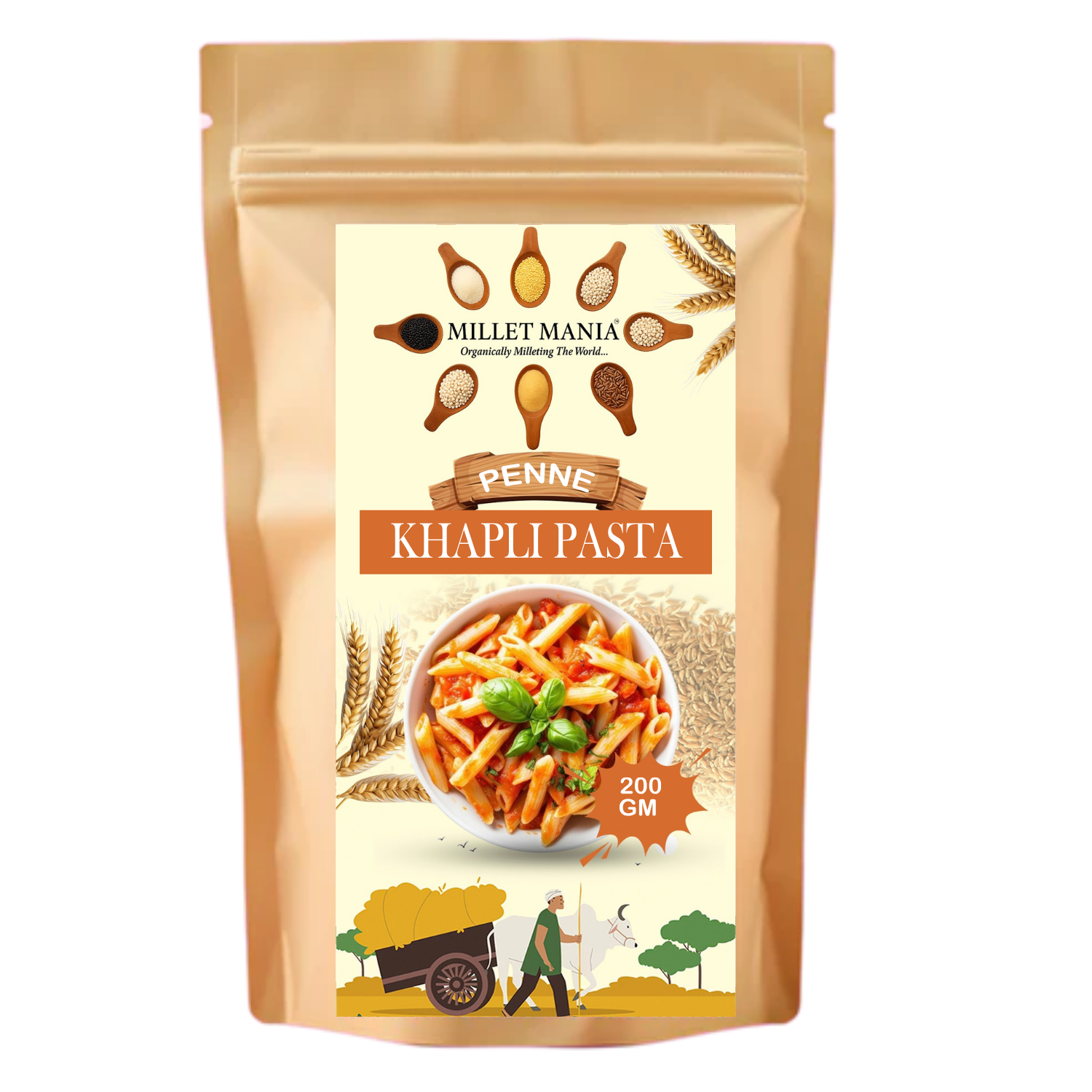 Packaged Penne Khapli Pasta from Millet Mania on a beige background