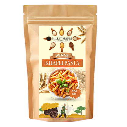 Packaged Penne Khapli Pasta from Millet Mania on a beige background