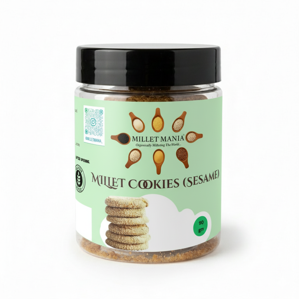 Jar of Millet Cookies with a green label on a white background