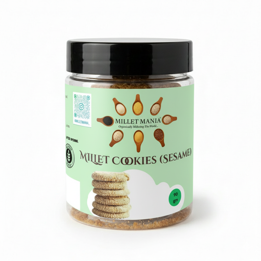 Jar of Millet Cookies with a green label on a white background